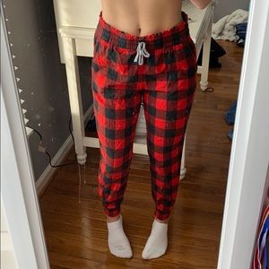 red and black joggers